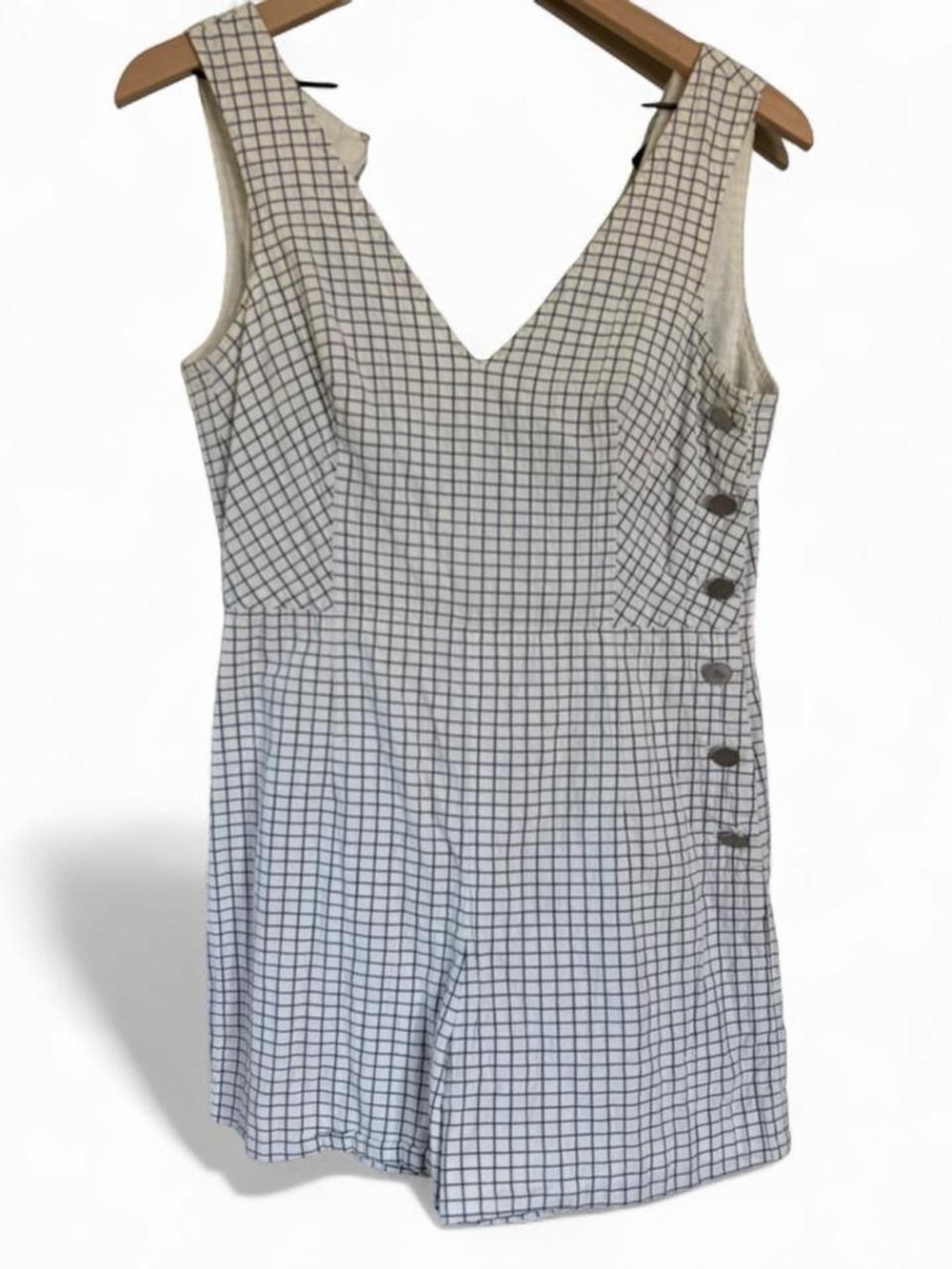 Club Monaco White Cahdell Check Sleeveless V-neck Side Button Romper/Jumpsuit 2 - Picture 3 of 7